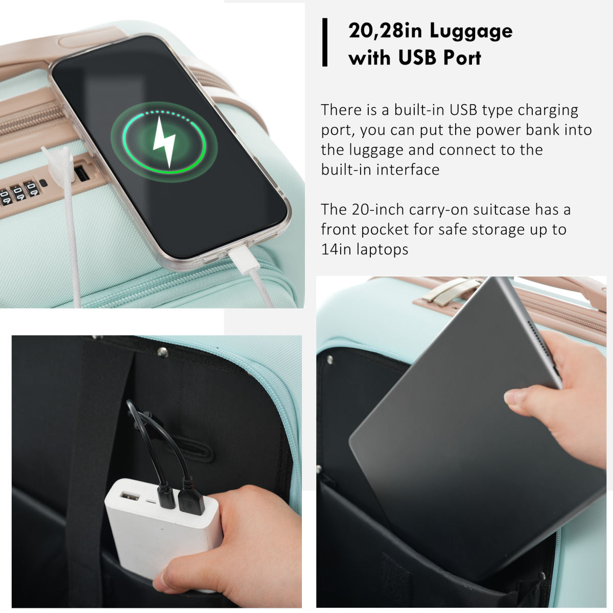 4-Piece Luggage Set with USB Charging Ports - 20in Carry-On (Front-Opening for Laptop) 28in Checked Suitcase with TSA Lock Travel Duffel Bag Wet-Dry Toiletry Bag, grey green