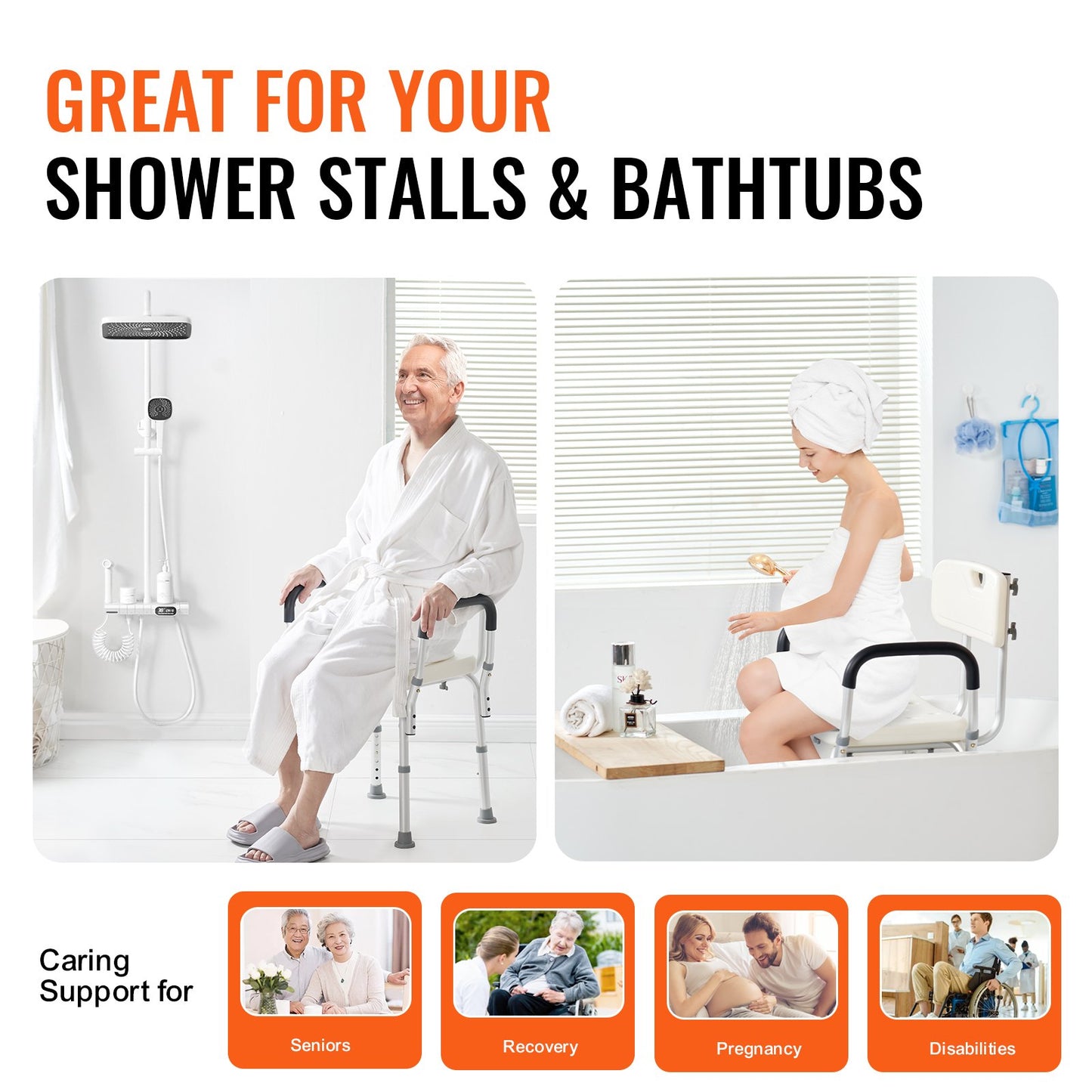 Shower Chair, Shower Seat With Back, Adjustable Height Shower Stool, Shower Chair For Inside Shower Bathtub, Non-slip Bathroom Bench Bath Chair For Elderly Disabled Handicap, 350 LBS Capacity