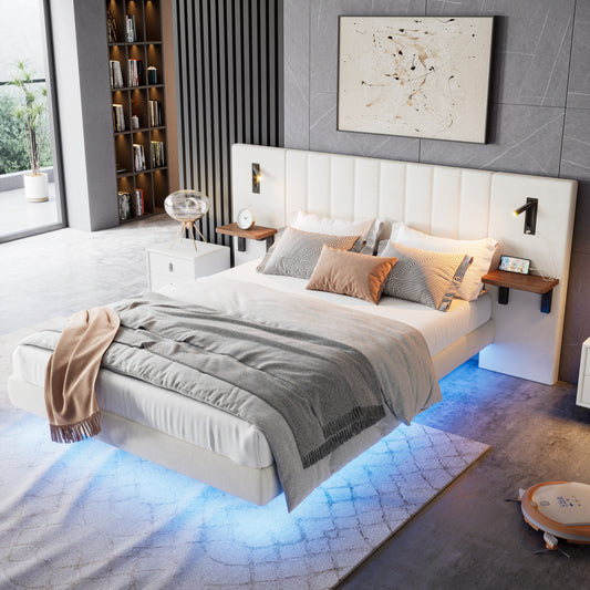 Upholstered Bed, Adults Teenagers King Bed 150x200cm, 2 Bedside Lamps, Headboard Storage Function,  With Charging Socket, With Light Strip Under The Bed,Soft Headboard, Velvet-Iron, White