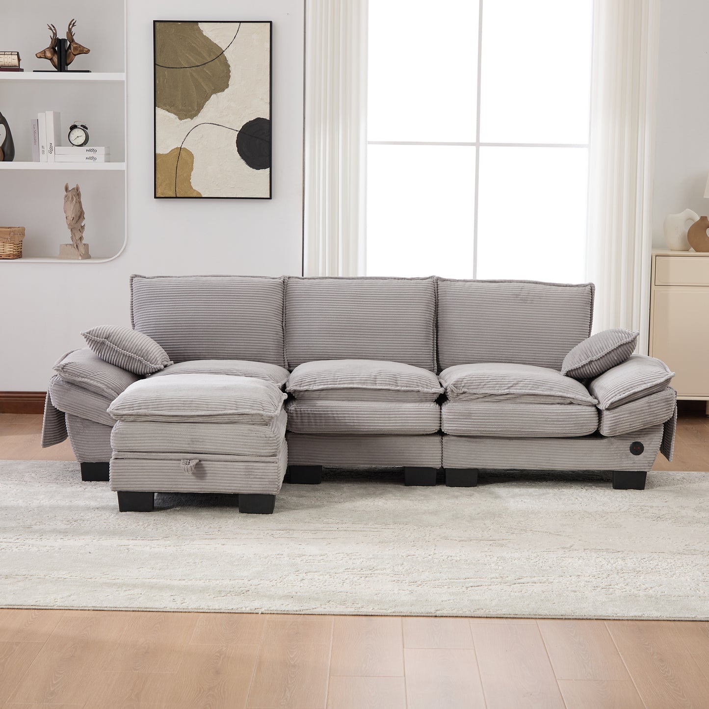 Modular 3-seater Corduroy Sofa  With 1 Stool Wide Seat, Ergonomic Design, High-density Foam Padding, USB-C Port And Side Pockets.Ideal For Living Room, Office Or Lounge.Light Grey
