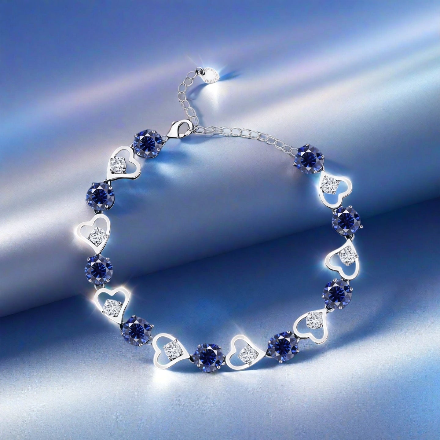 Heart Link Round Blue CZ Tennis Bracelet For Women, Copper Plated Silver With Adjustable Extension Chain Sapphire Color Cubic Zirconia Romantic Wedding Jewelry Gift