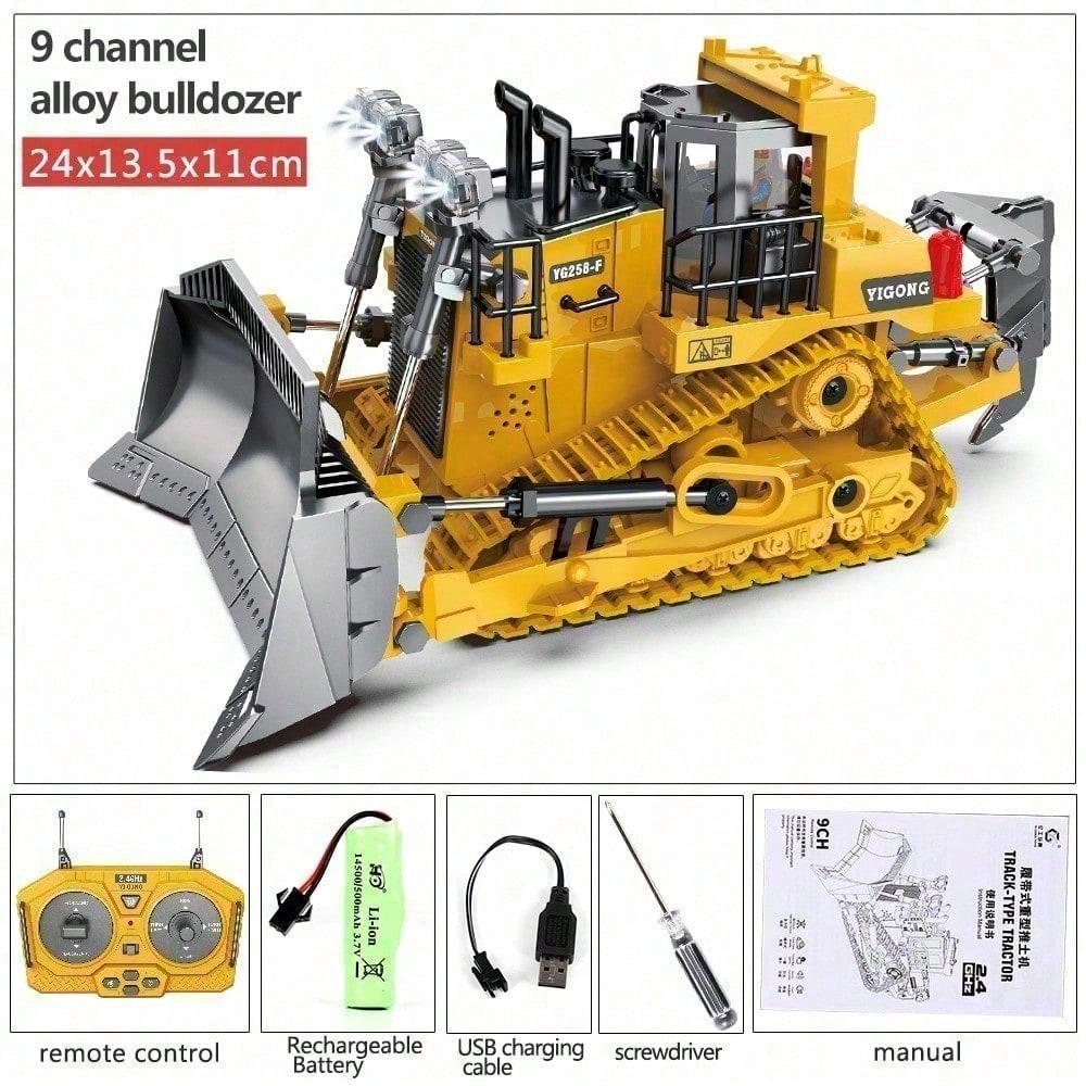9 Channel 2.4GHz RC Heavy Duty Alloy Bulldozer With Metal Blade, Rechargeable Battery And Cyber Truck Style. The Ultimate Construction Toy For Active Boys And Kids Ages 6, Perfect Gift