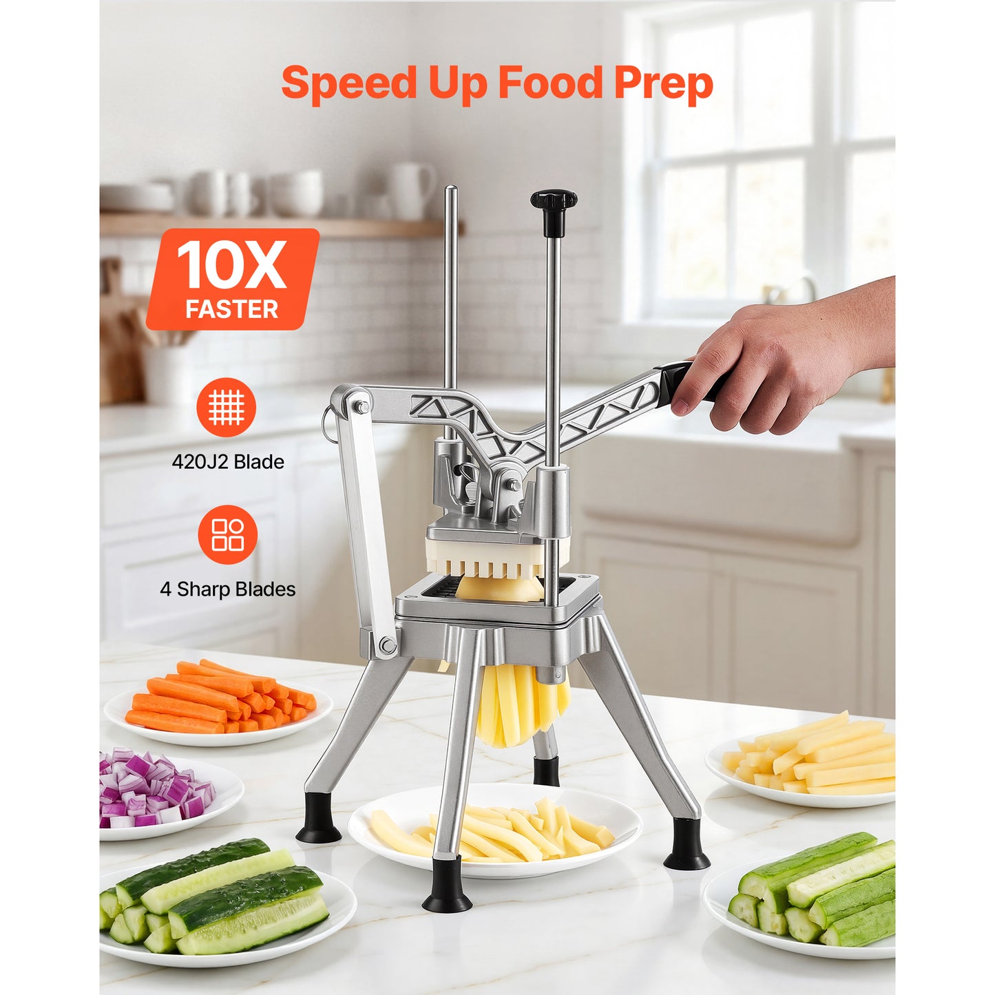 French Fry Cutter, Commercial Vegetable Chopper With 4 Blades (1/2", 3/8", 1/4" & 6-Wedge With Corer), Lever Stainless Steel Potato Slicer For Home Thick, Regular & Thin Fries Cut, Onion, Fruit
