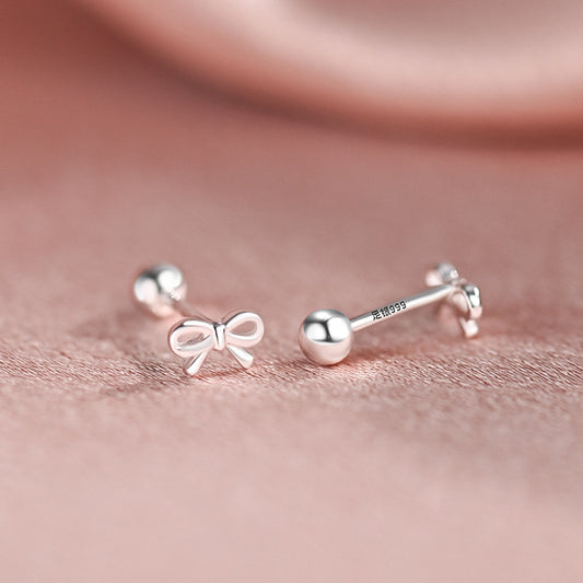 S999 Sterling Silver Bow Stud Earrings, Versatile For Daily & Commute, Ideal For Best Friends, Women's Cartilage Tragus Piercing With Unique Minimalist Design