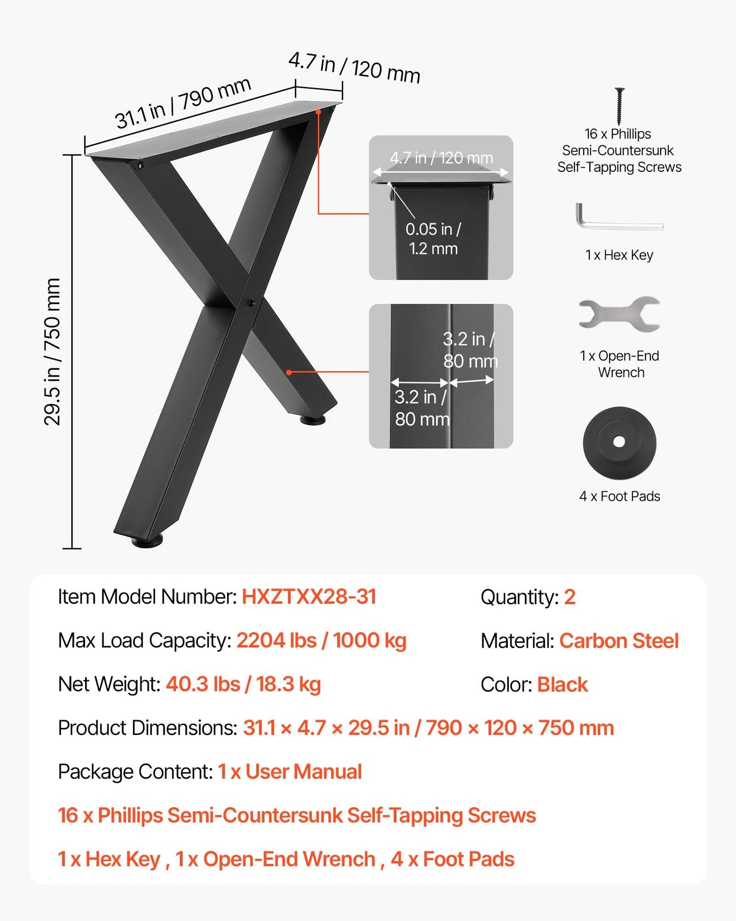 Table Legs, 29.5" H X 31.1" W Steel Furniture Legs, Modular Design, Easy Assembly, 2204 Lbs Max Load Heavy Duty, For Home Office Desk, Coffee Dinner Bar Tables, Workbench,2 PCS, X Frame, Black