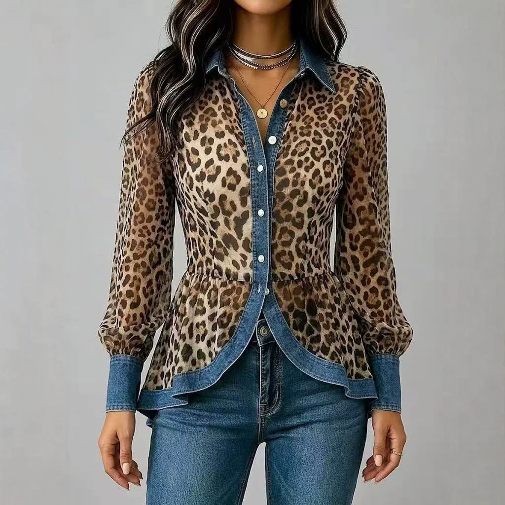 New Womens Leopard-Print Patchwork Denim Long-Sleeve Shirt