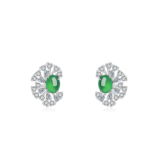 S925 Sterling Silver Sunburst Halo Stud Earrings, 8x6mm Oval Green Chrysoprase, Platinum Plated 4.7g, Elegant Women's Fine Jewelry Gift Box Set