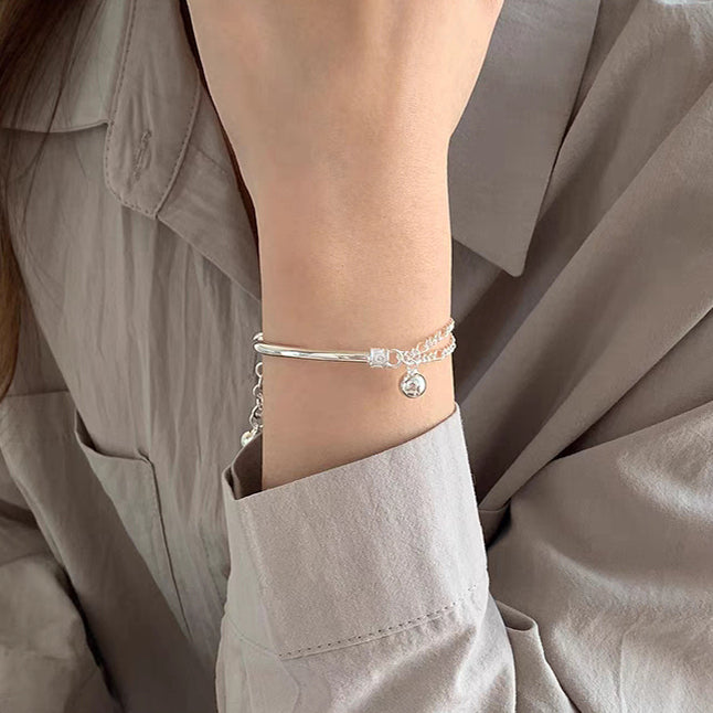 1pc 999 Sterling Silver Half-Bangle With Bead Tassel Bracelet, Minimalist Chinese Style, Perfect For Daily Wear & Valentine's Gifts