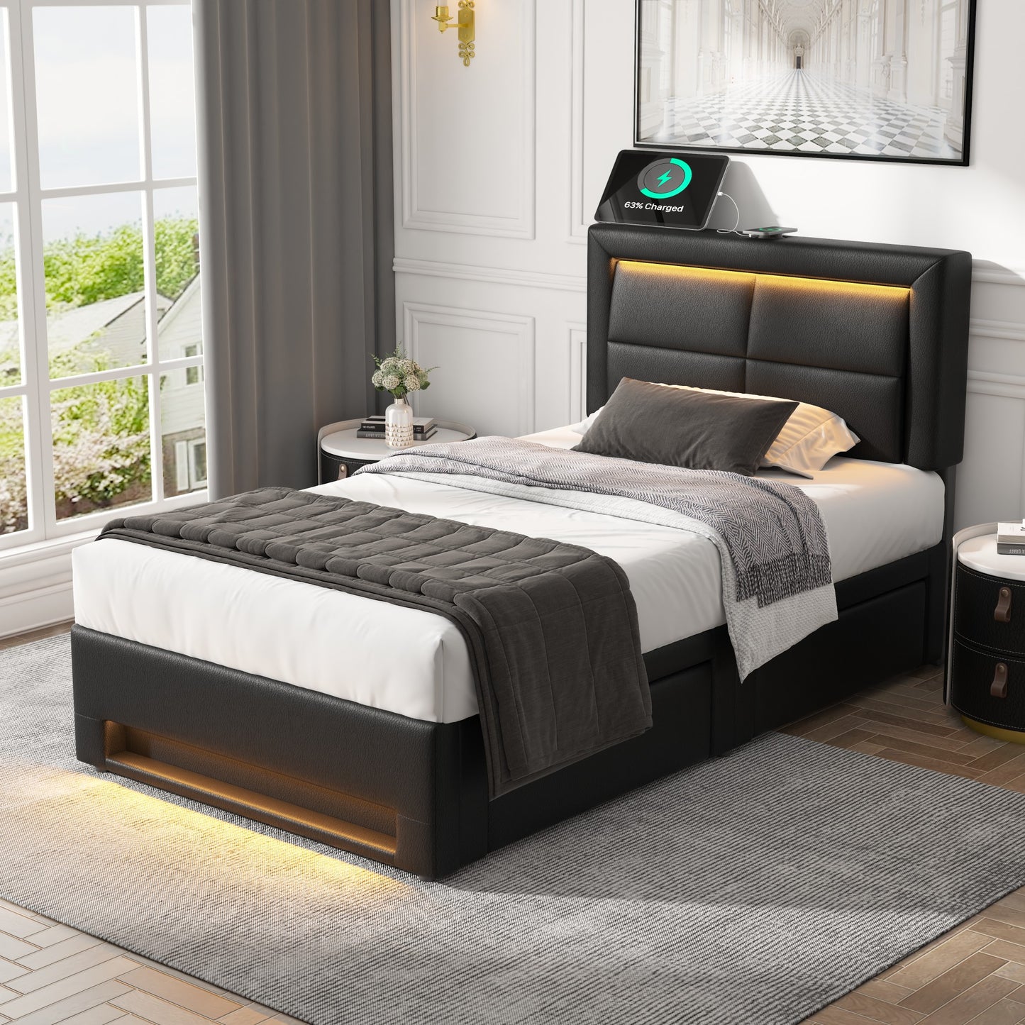 Upholstered Bed 90x190 Cm, With USB Port  Supports Wireless And Wired Charging , With LED Lighting And Four Drawers, Without Mattress, PU Lychee Pattern, Black