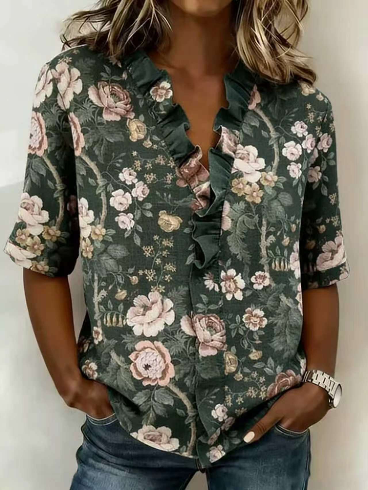 Printed Womens Fashion Floral V-neck Shirt