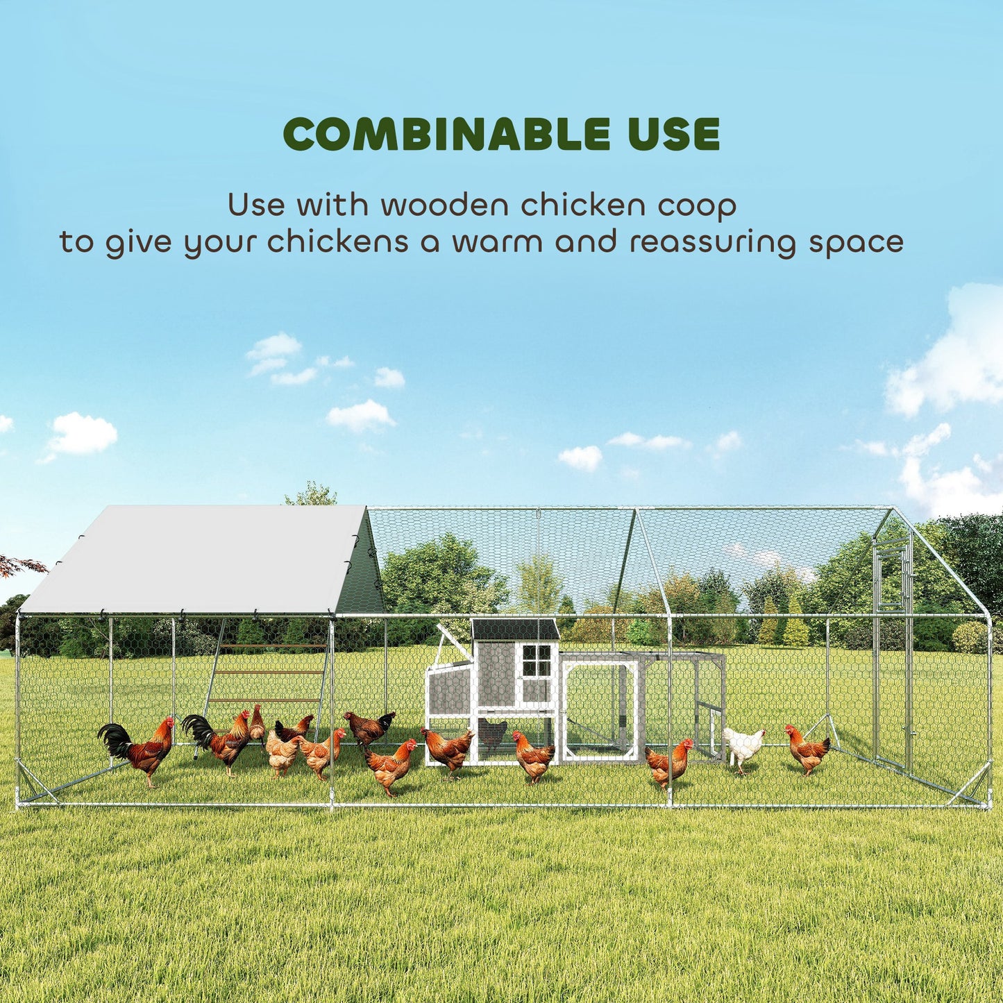 Metal Chicken Run w/ Waterproof & Anti-UV Cover, Feeding Door, Hanging Feeder, for 18-24 Chickens, 9.8 x 19.7 x 6.4