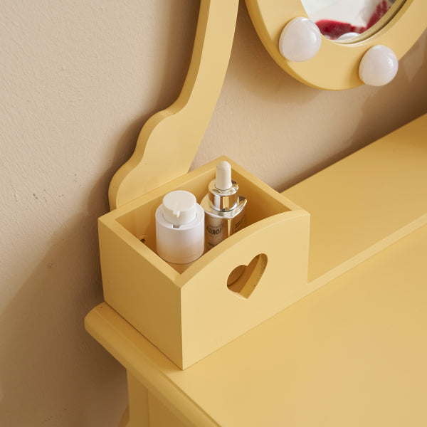 Kids Vanity Set With Mirror And Lights And Stool, 5 Storage Drawers, Pretend Play Princess Makeup Desk Dressing Table And Stool Set For Little Girls Age 3-, Macaroon Orange