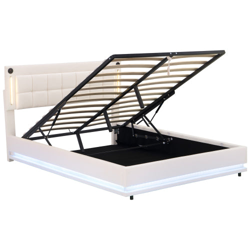 4ft6 Double LED Hydraulic Bed With Charging Station, Adjustable Square Tufted Headboard With Intelligent Control Light, Soft Velvet Bed Frame With USB And Type - C Ports, Beige