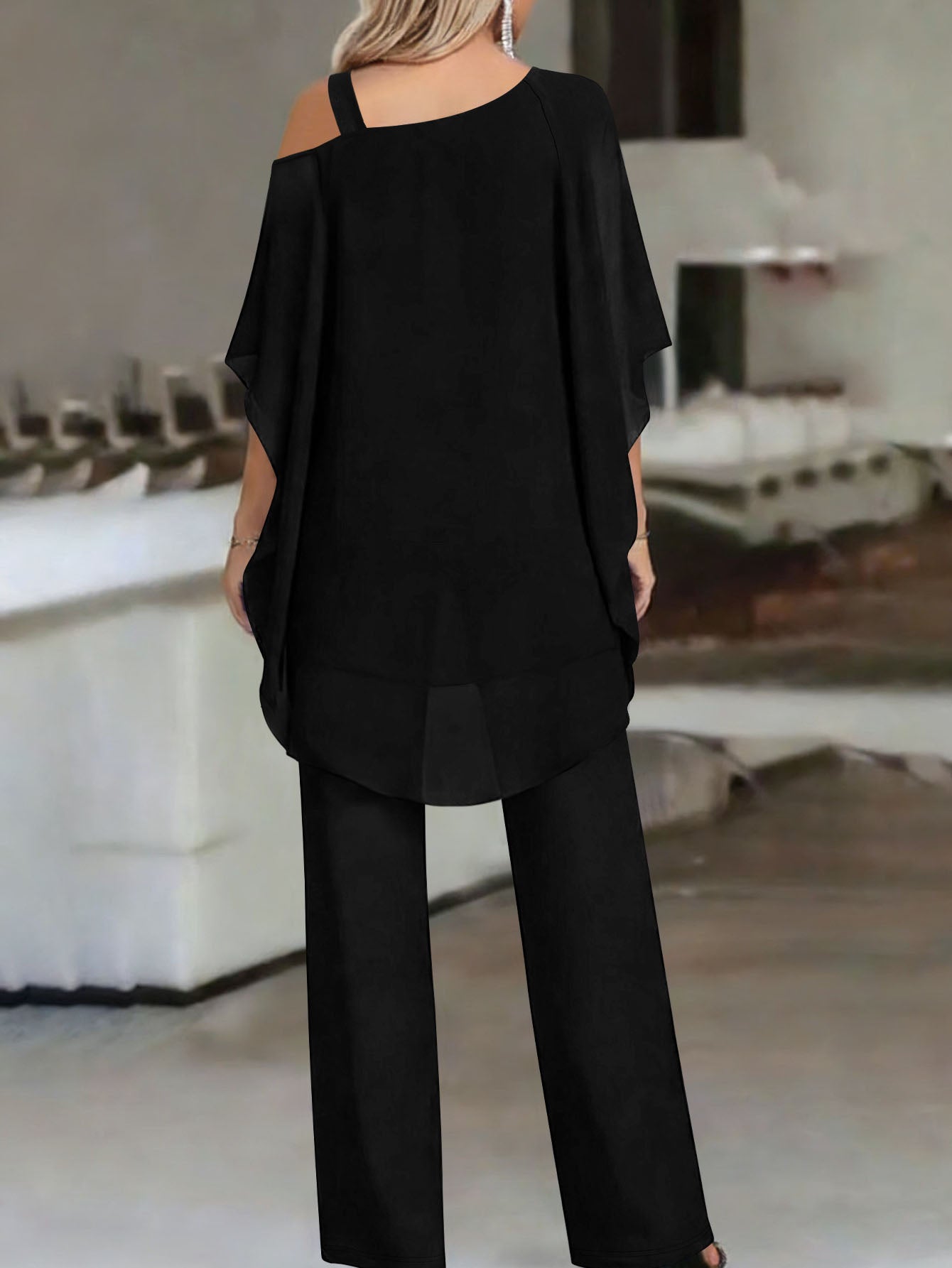 Cold Shoulder Asymmetrical Ruffle Blouse & High Waist Wide Leg Pants Set For Women Casual Elegant Two Piece Outfit Casual Office Wear