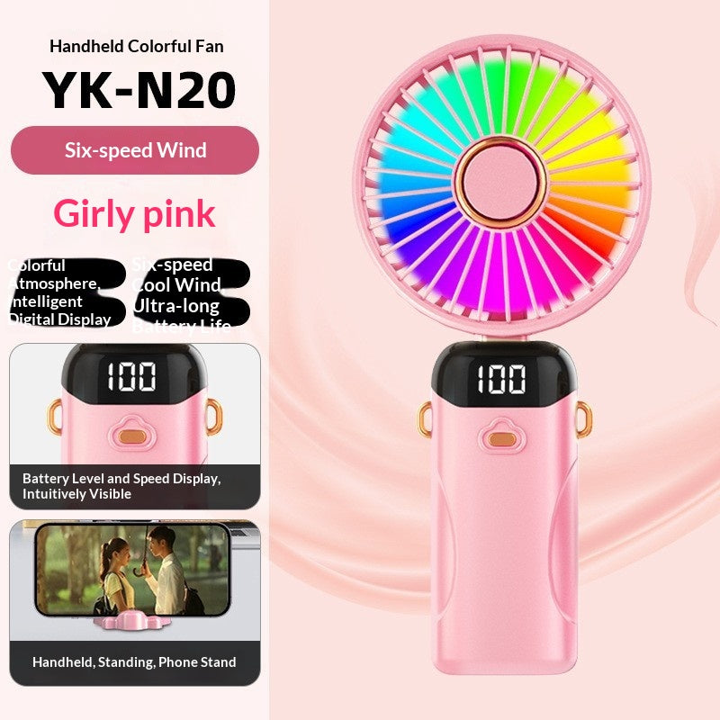 Seven-color Handheld Outdoor Mini Fan USB-charging Mini Portable Digital Display Folding Fan