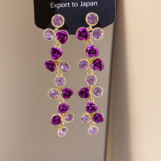 Purple Rhinestone Flower Earrings For Women Korean Style Crystal Luxury Elegant Versatile