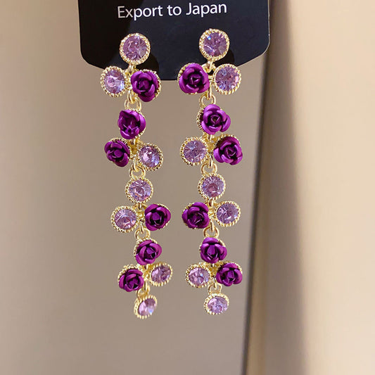 Purple Rhinestone Flower Earrings For Women Korean Style Crystal Luxury Elegant Versatile