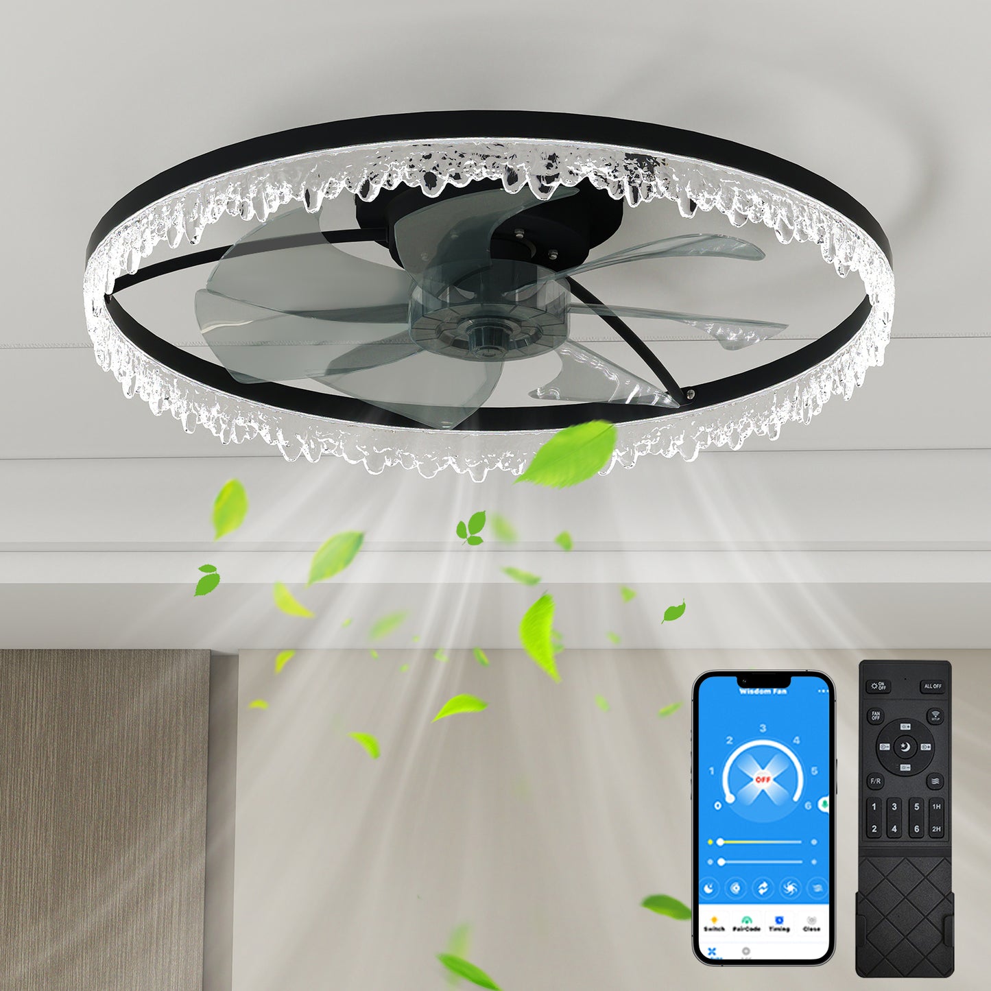 20-inch Black Smart Ceiling Fan Light With Silent Function, Multi-Speed Adjustment For Bedroom, Study Room, And Dining Room