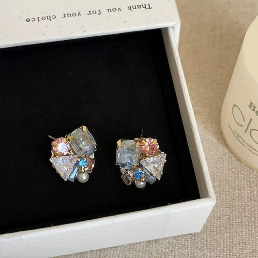 High-End Colorful Crystal Geometric Stud Earrings For Women, Dopamine Sweet Versatile Fashion Daily Ear Jewelry