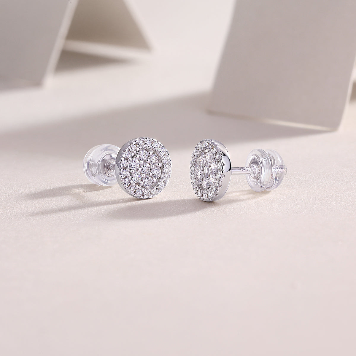 S925 Sterling Silver Round Halo Stud Earrings, D-VVS1 Moissanite Pave Cluster, Platinum Plated 1.4g Women's Jewelry Gift Box