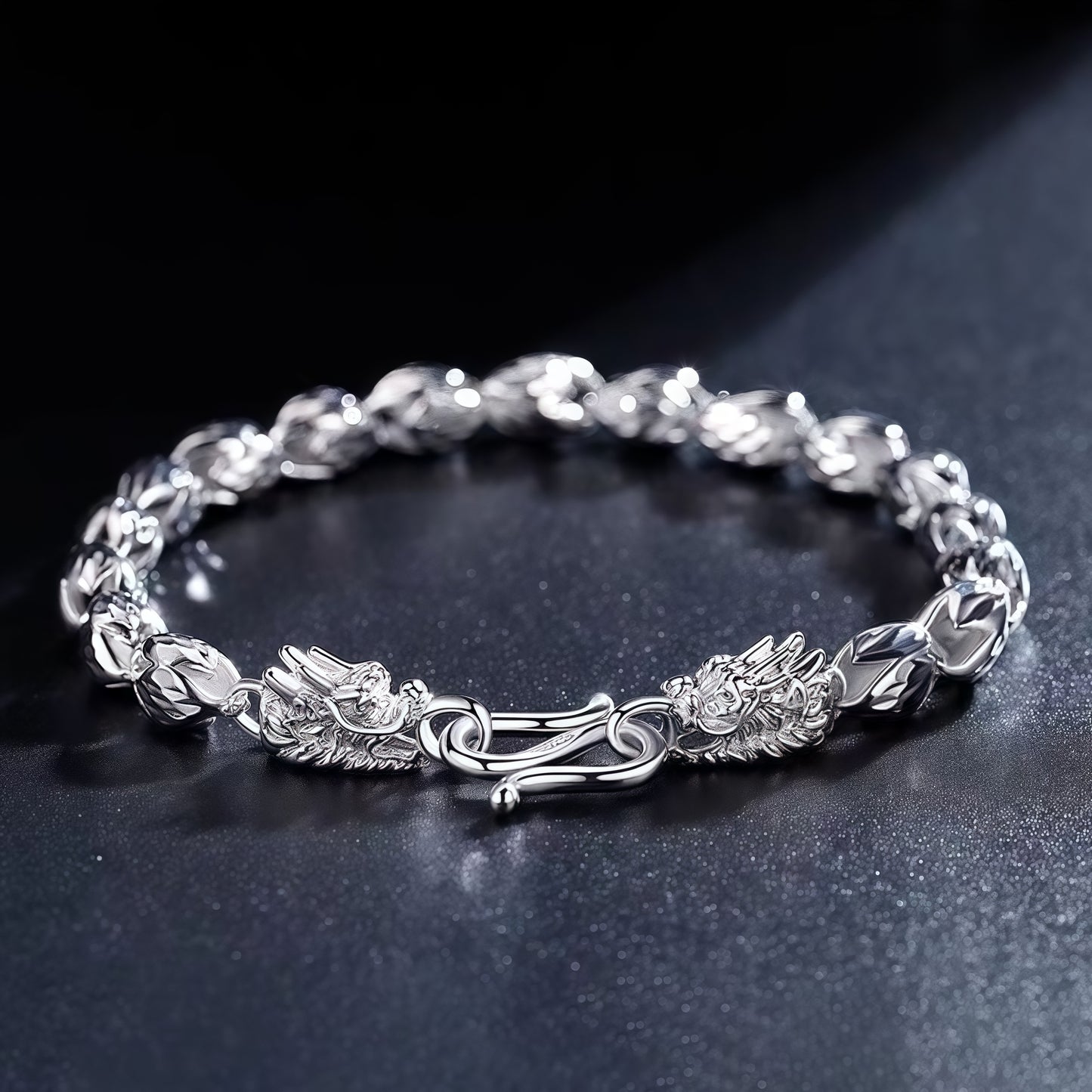 Double Dragon Head Braided Curb Link Bracelet For Men, Copper Plated Silver Vintage Chinese Lucky Dragon Toggle Clasp Biker Punk Wrist Jewelry Gift