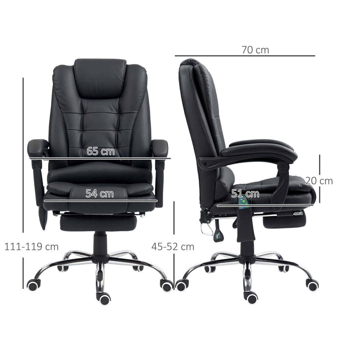 Vinsetto Office Chair With 6 Point Massage And Back Heat, PU Desk Chair With Footrest Adjustable Height And Swivel Wheels, Back Reclining, Black