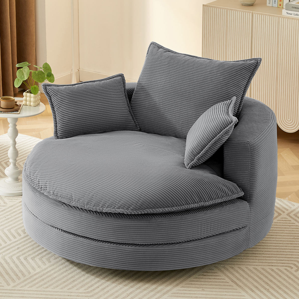 360° Swivel Sofa Chair Accent Barrel Chair 57.5"  Swivel Round Chair with Dual-layer Cushion Design and 3 Removable Pillows for Living Room, Bedroom, Office and Hotel, Grey