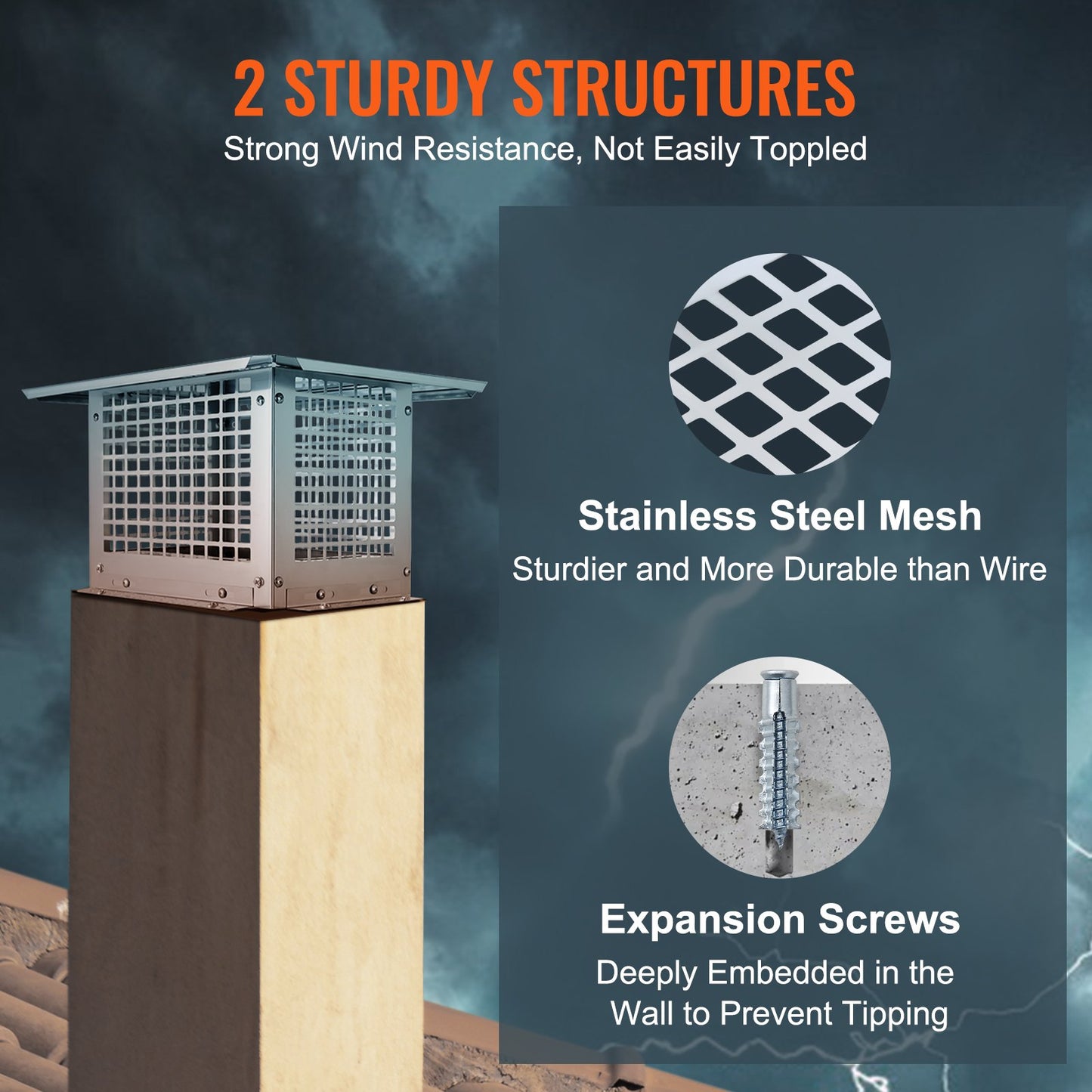 Chimney Cap, 17 X 17 Inch, 304 Stainless Steel Fireplace Chimney Cover, Not Easily Toppled & Practical Accessories & Easy Installation, Fits Mesh Flue Covers Outside Clay Flue Shingles, Silver