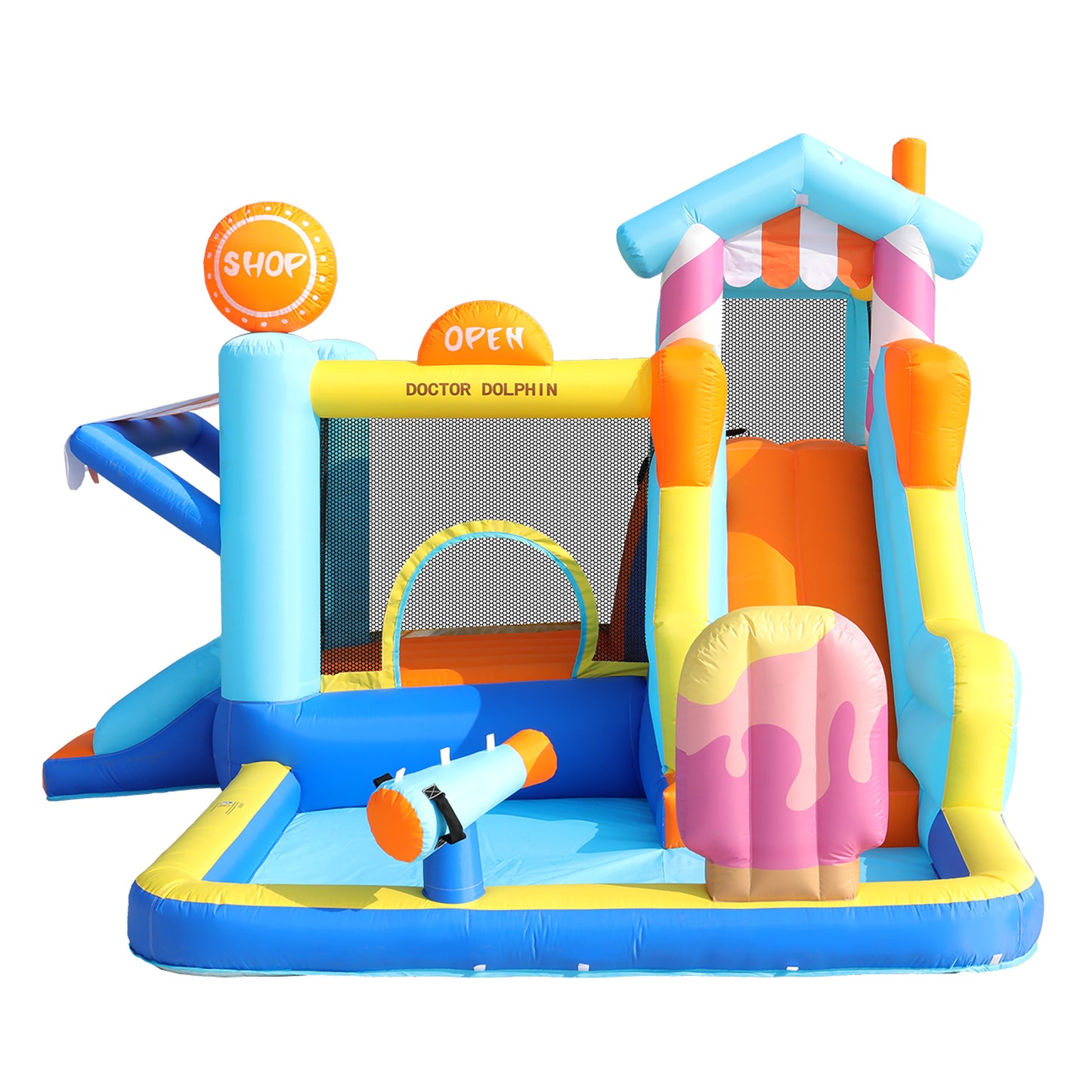 With Blower Kids Bouncy Castle, Multifunctional Outdoor Water Park  Trampoline, Water Slide, Small Slide, Fountain, Water Guns, Shop Awning, Including 450W Blower