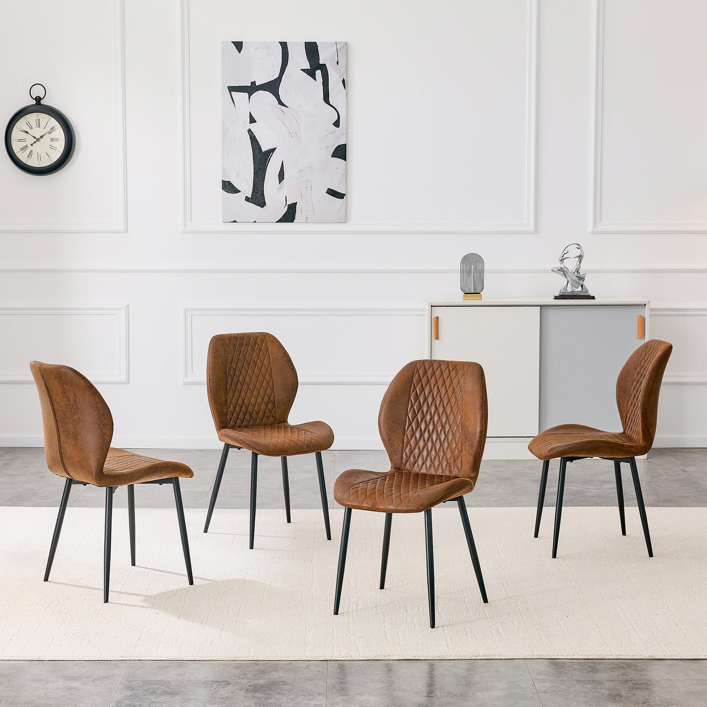 4-piece Set Of Modern Luxury Brown Quilted Technology Fabric Dining Chairs With Black Metal Legs - Suitable For Home Restaurants, Commercial Cafes, And Multiple Scenarios.