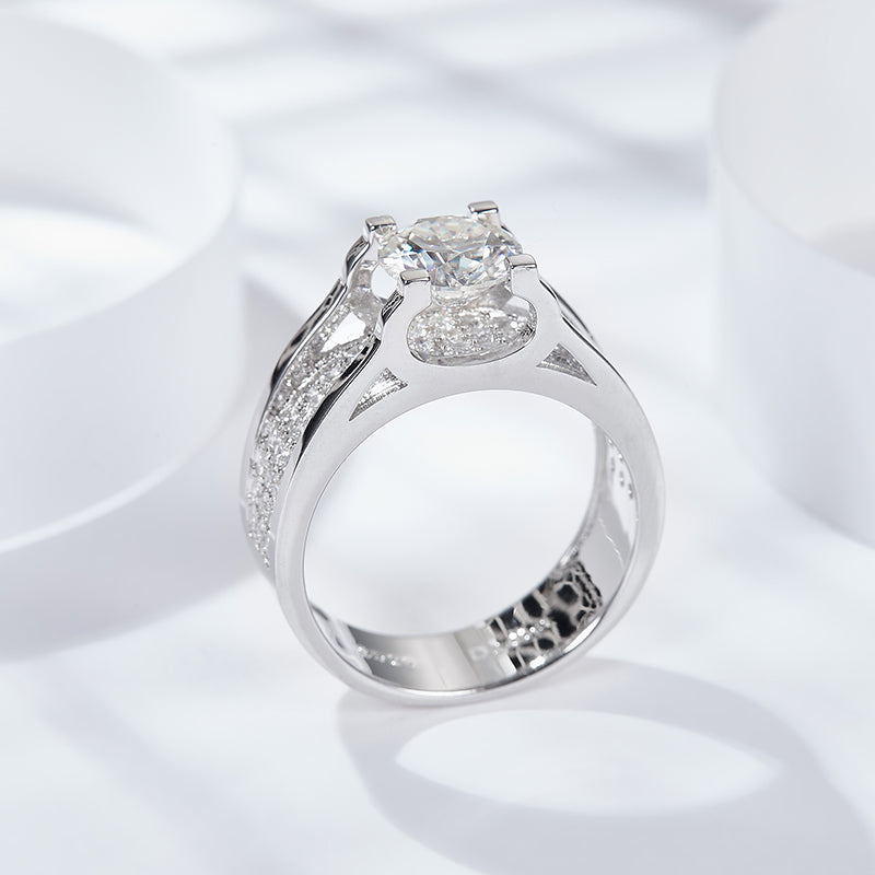 S925 Sterling Silver Wide Band Moissanite Ring, 1&2ct D-VVS1 Split Shank Pave Design, Platinum Plated US Sizes 5-9, GRA Certified Gift Box