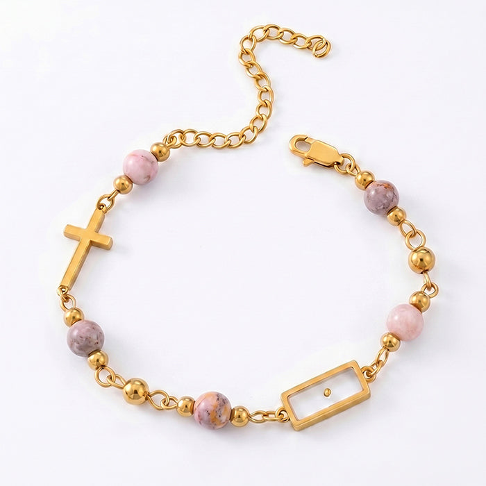 Real Mustard Seed Cross Bracelet For Women, 18K Gold Plated Stainless Steel Natural Stone Beads Bracelet, Religious Christian Faith Gift