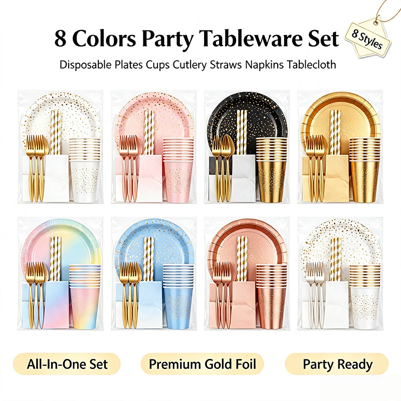 Disposable Gold Dot Party Tableware Set, Paper Plates Cups Napkins Straws Golden Cutlery Tablecloth, All In One Party Supplies For Birthday Baby Shower Wedding Picnic, 8 Colors Available