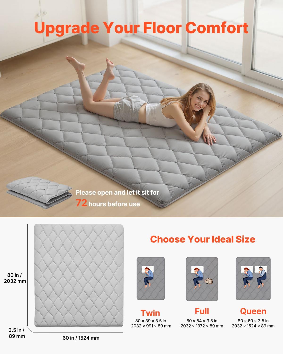 Japanese Tatami Mat, Queen Size Foldable Japanese Tatami Mattress, Futon Mattress With Storage Bag & Fastener, 9-Layer Floor Mat For Sleeping, Dormitory, Meditation, Yoga, 80 X 60 X 3.5 In, Gray