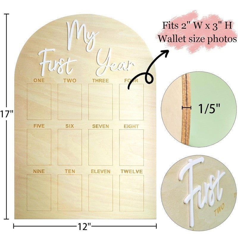 My First Year Wooden Baby Photo Frame, 12 Months Milestone Growth Board, Arch Shape Baby 1st Birthday Keepsake Picture Display Plaque, Newborn Shower Gift For Boys Girls Nursery Decor