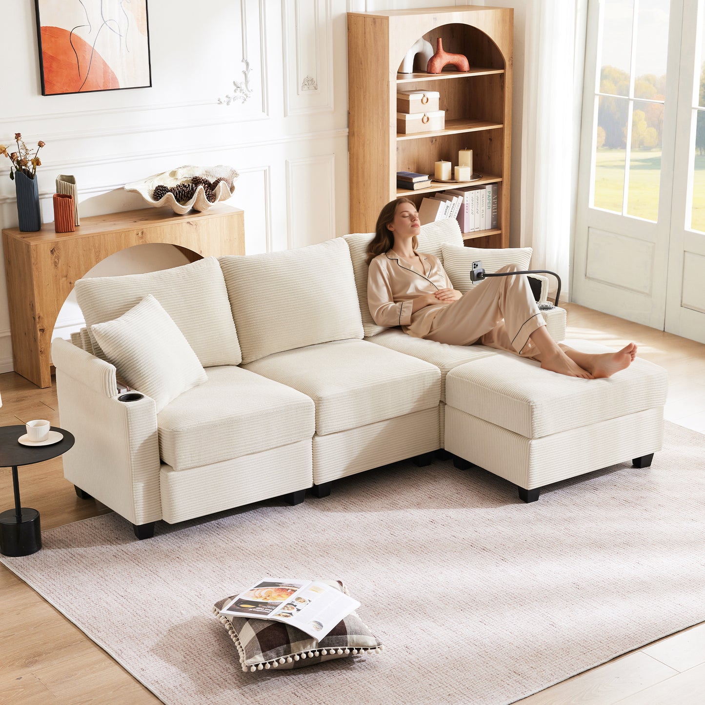 L-Shaped Corner Sofa, Convertible 3 Seater Sofa With Footstool, Cup Holder, USB Charger, Armrest Rest And 2 Cushions, Suitable For Living Room Office Apartment, Beige