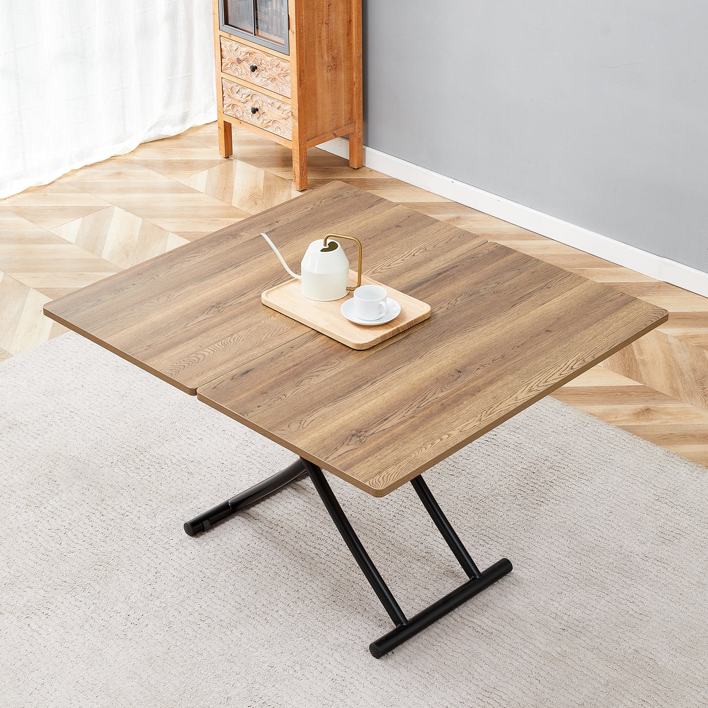 Modern Minimalist Multifunctional Lift Table With 0.8 Inch Thick MDF Desktop And Black Metal Legs, Can Be Used As A Dressing Table, Coffee Table, Dining Table, And Office Table.Wood Textured Desktop.
