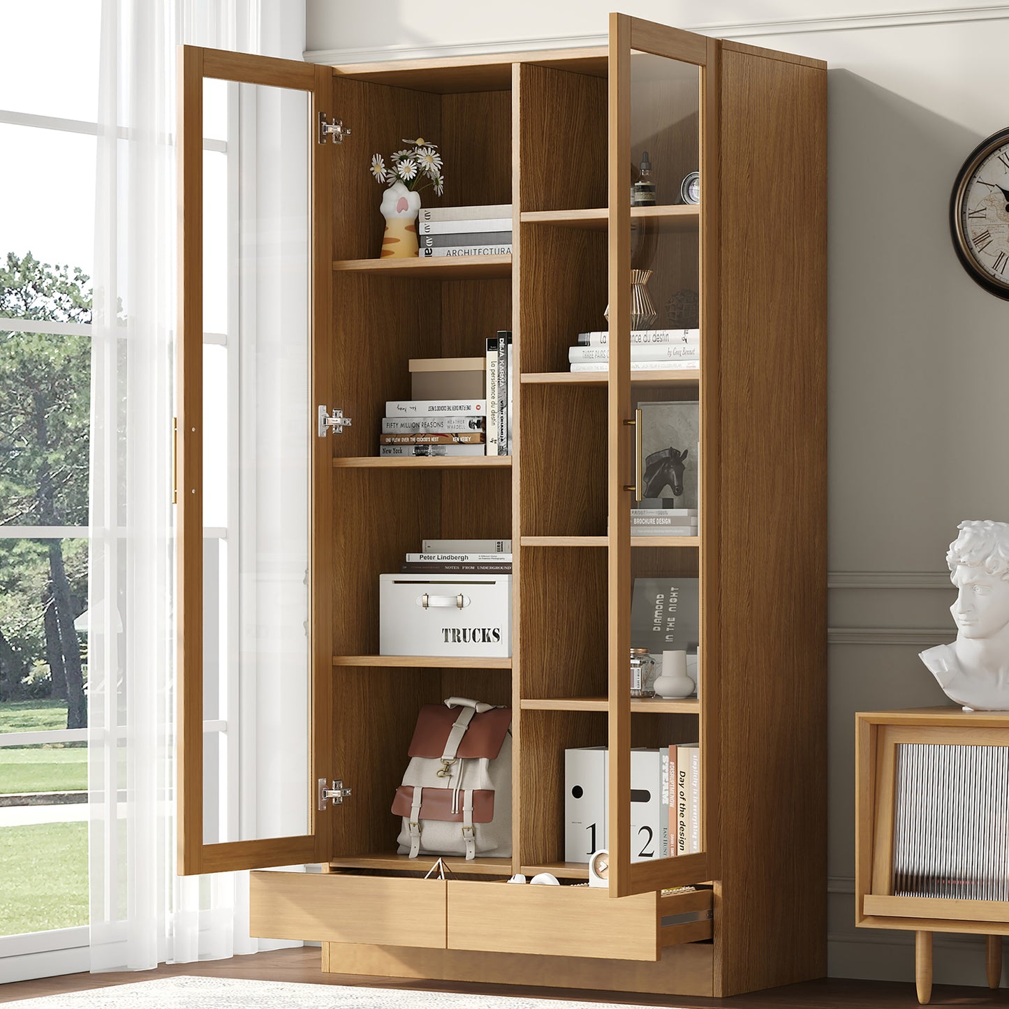 Glass Display Case  Office Cabinet Bookcase Filing Cabinet Storage Shelf  Offset Non-Adjustable Shelves, Handleless Push-To-Open Drawers, 80x40x160cm, Wood Color
