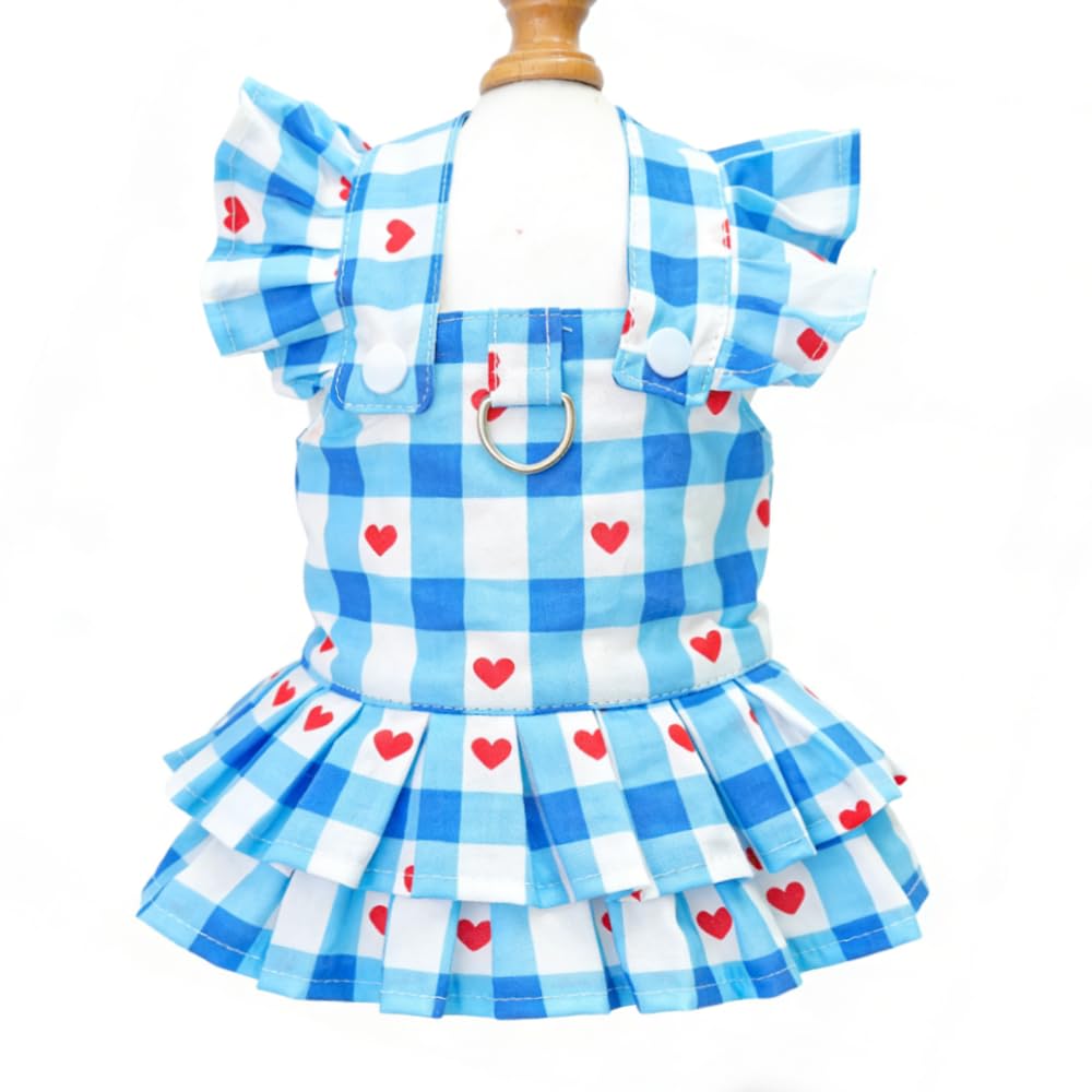 Red Plaid Small Dog Dress Girl Spring Cat Clothes With Heart Pattern Summer Pet Dresses For Dogs Cats Cute Puppy Outfit For Small Dog With Leash Ring