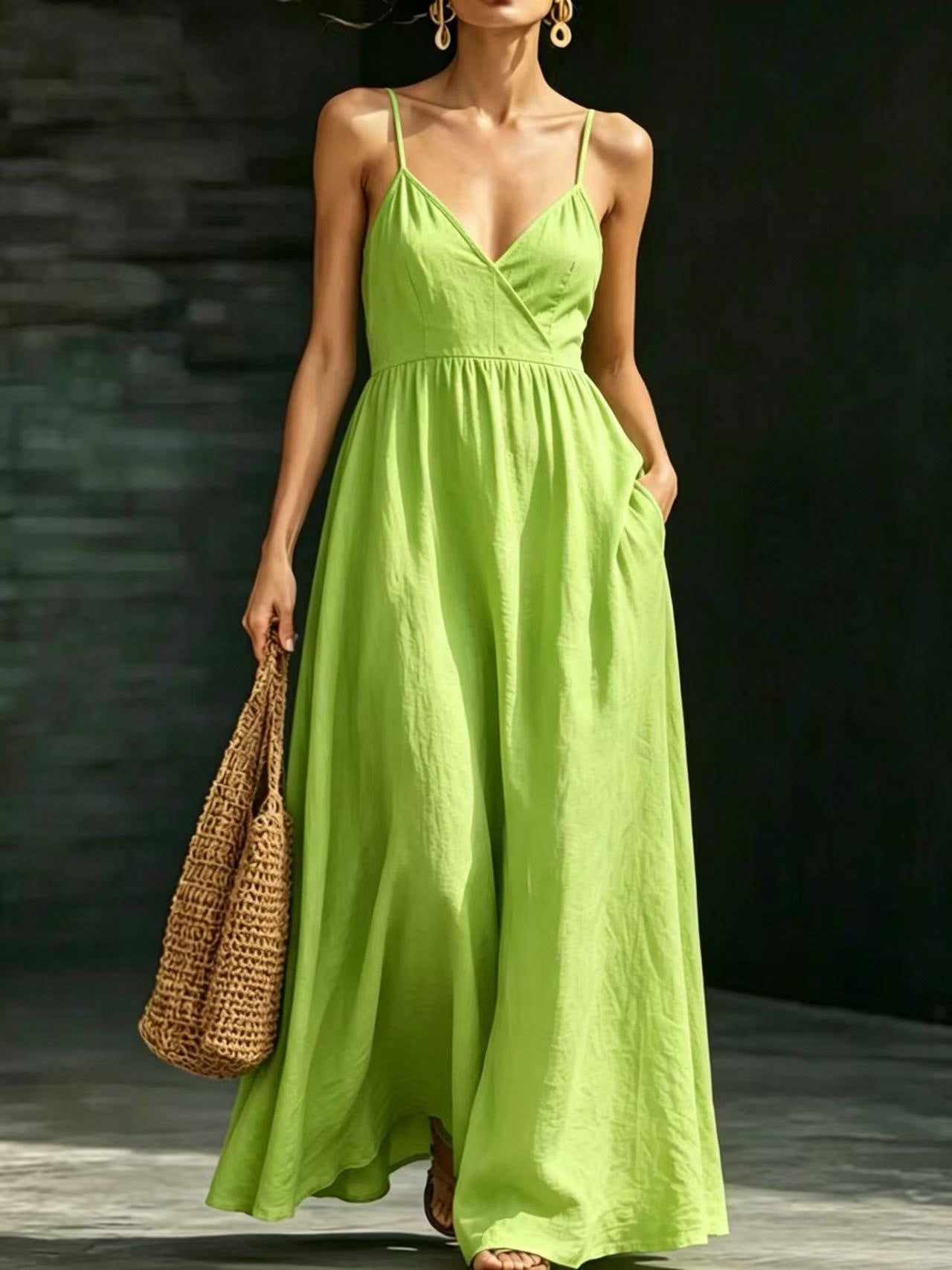 Summer V-Neck Spaghetti Strap Maxi Dress With Pockets - Elegant Vacation & Office Wear For Women