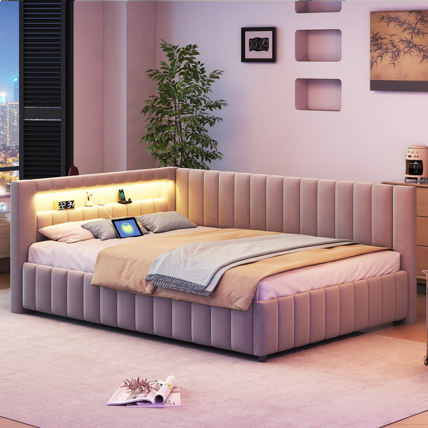 Upholstered Bed Sofa Bed 140x200, Upholstered In Velvet Fabric With LED Light And USB Charging Port, With Backrest, Headboard And Sturdy Bed Frame Grey