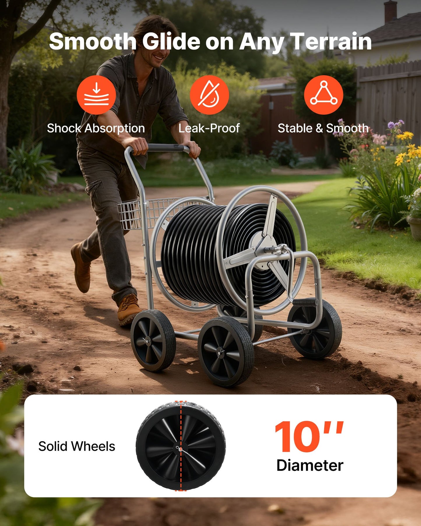 Schlauchtrommelwagen, Fasst Bis Zu 76 M X 1,5 Cm Schlauch, Garten-Wasserschlauchwagen, Mobile Werkzeuge Mit 4 Rädern Stahl Zum Pflanzen Im Freien Mit Aufbewahrungskorb, Für Garten, Hof, Rasen