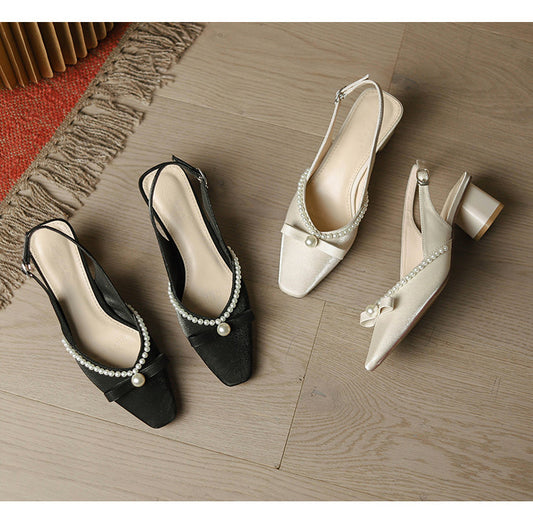 Women Block Heel Closed Toe Sandals, 2026 Summer New Fashion Square Toe Back Strap Pearl Fairy Style High Heel Pumps