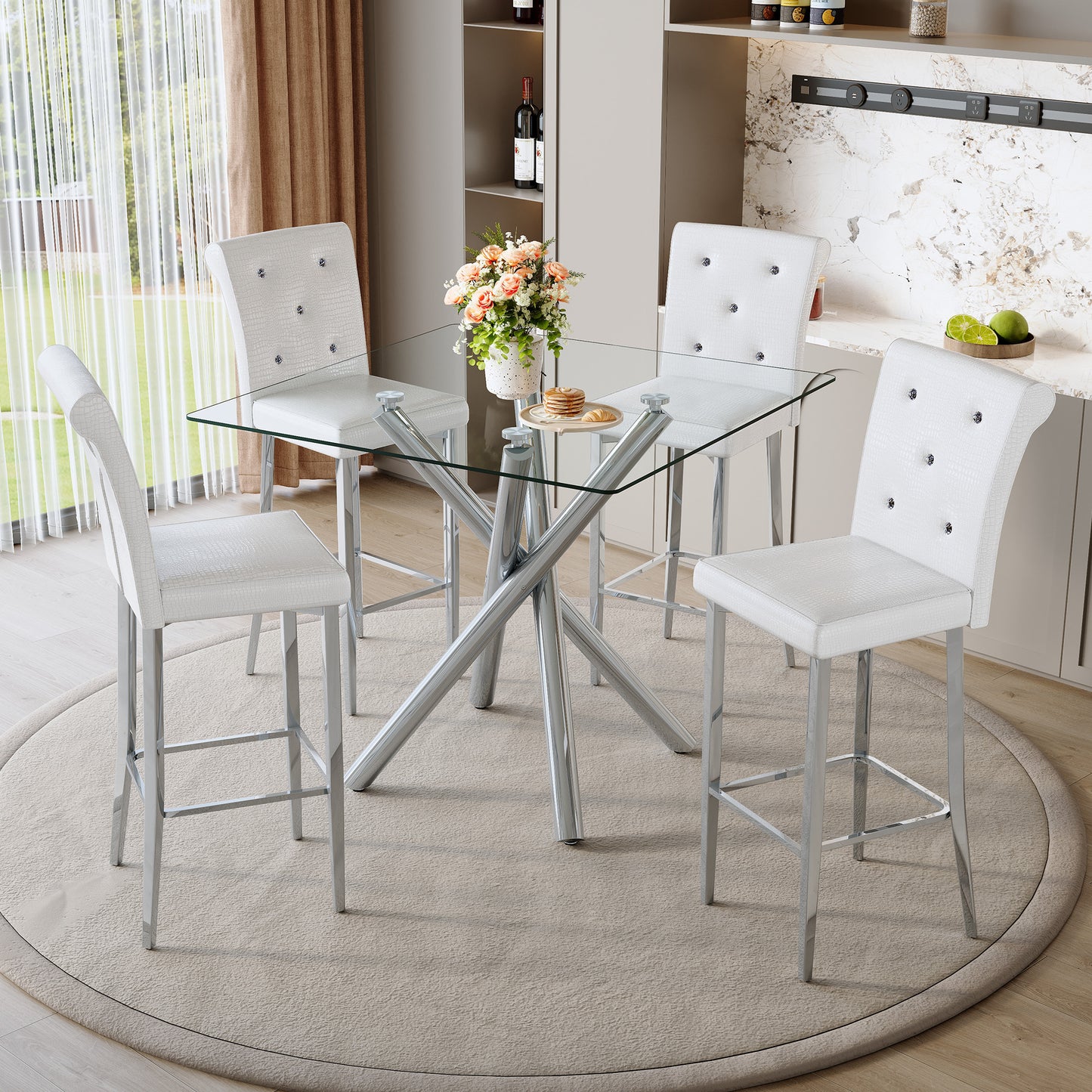 Modern Glass Bar Table And Fixed-Height Bar Stools Set Of 2, Contemporary Counter Height Pub Table With Chrome Legs, White PU Leather Bar Chairs For Kitchen Island, Home Bar, Small Space  3 Packages