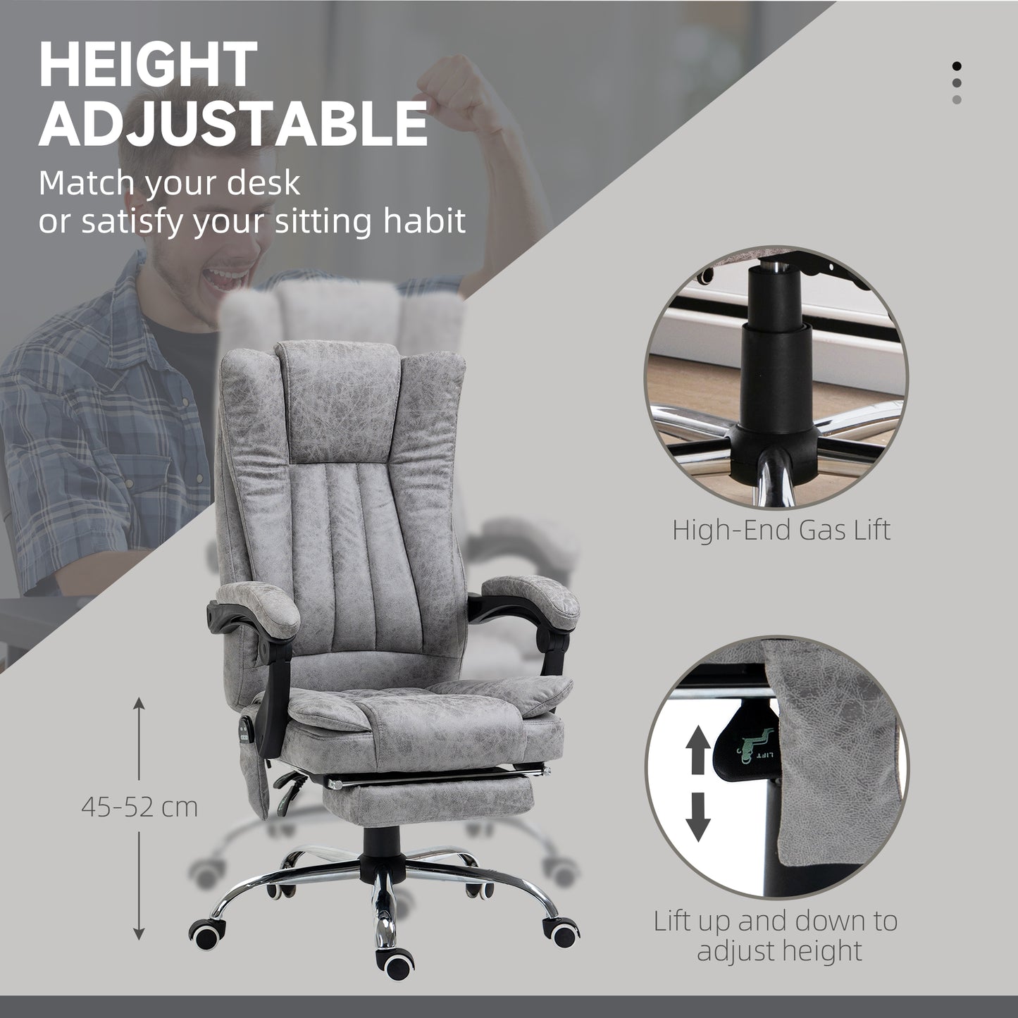 Massage Office Chair with 6 Points and Heat, Reclining Computer Chair with Adjustable Height and Footrest, Gray
