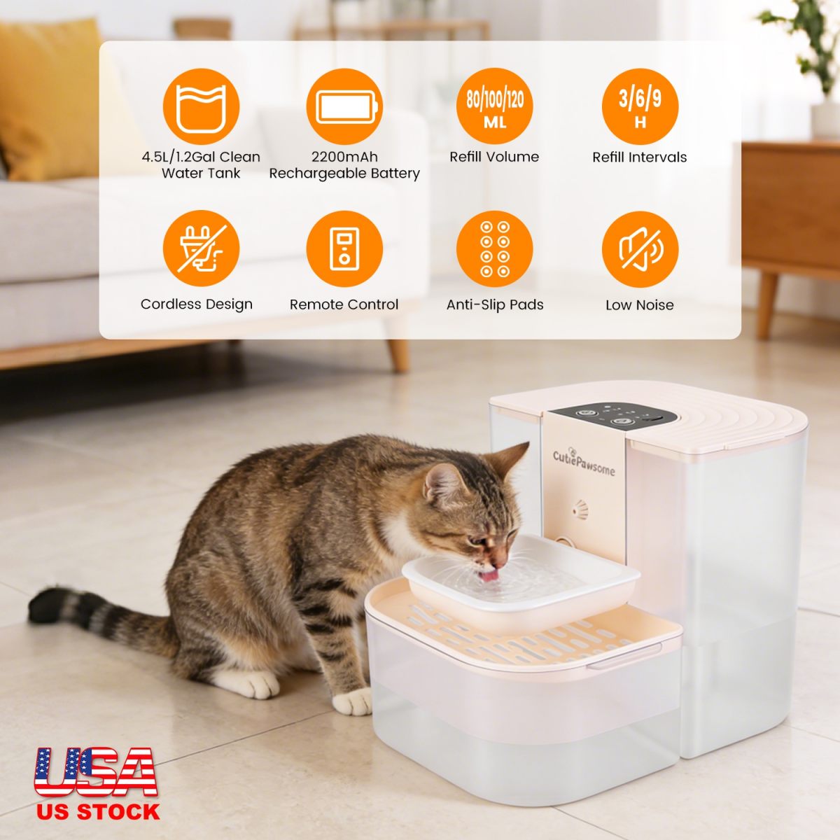 1Pc Smart Pet Water Fountain Automatic Cat Water Dispenser 4.5L Cordless Rechargeable Dog Water Fountain Self-Refill With 3 Adjustable Volume 3 Time Intervals Remote Control Cleaning Brush