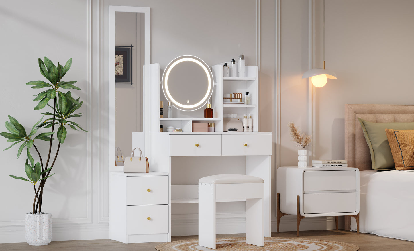 4-in-1 Vanity Table Makeup Table With Full-length Mirror And Rotating Table Mirror, Vanity Stool, 3-color LED Lighting, Metal Handle, White