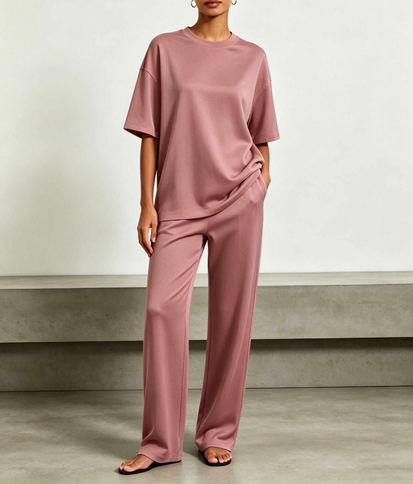 SpringSummer New Arrival Draped Solid-Color Slimming Wide-Leg Pants Set