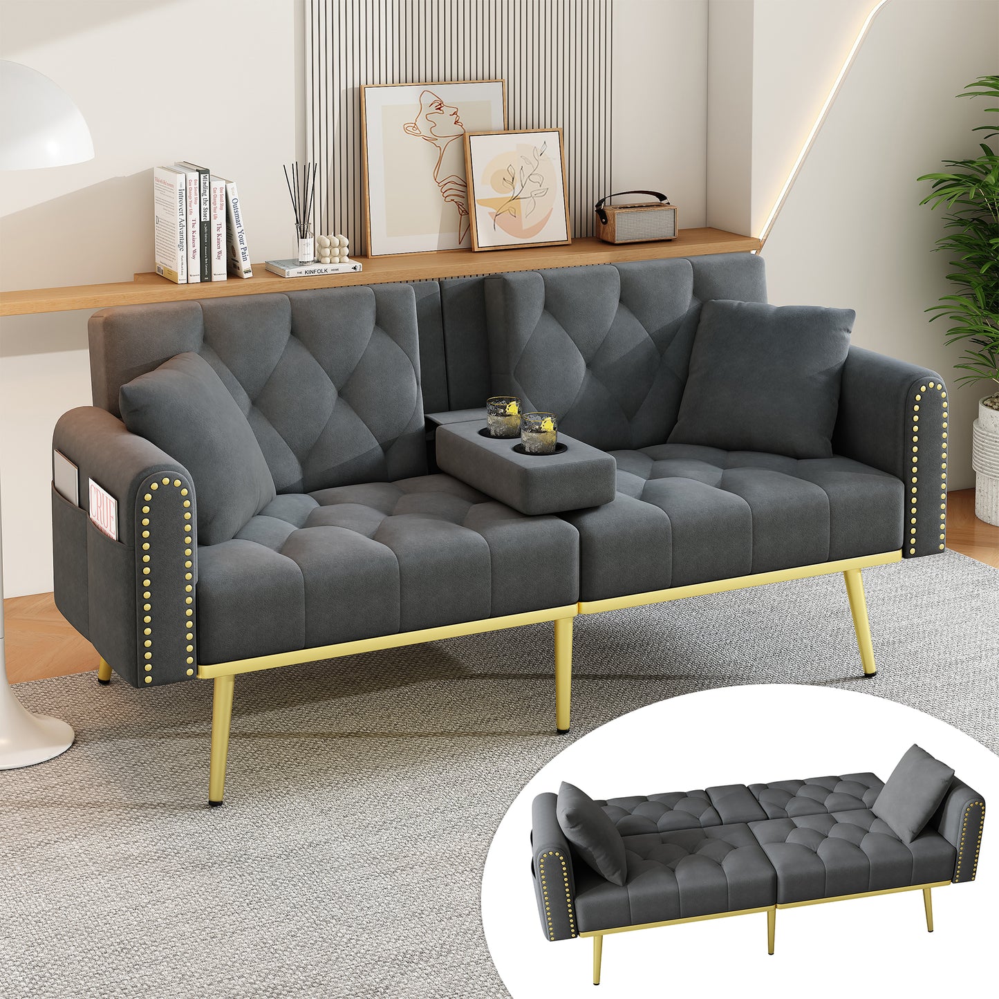Double Fold Out Sofa Bed With Reclining Function, Three Adjustable Tilt Angles And Cup Holder. Suitable For Living Room, Bedroom, Home Theater Or Guest Room. Fabric Cover. Gray.
