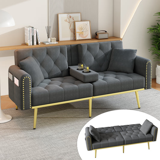 Double Fold Out Sofa Bed With Reclining Function, Three Adjustable Tilt Angles And Cup Holder. Suitable For Living Room, Bedroom, Home Theater Or Guest Room. Fabric Cover. Gray.